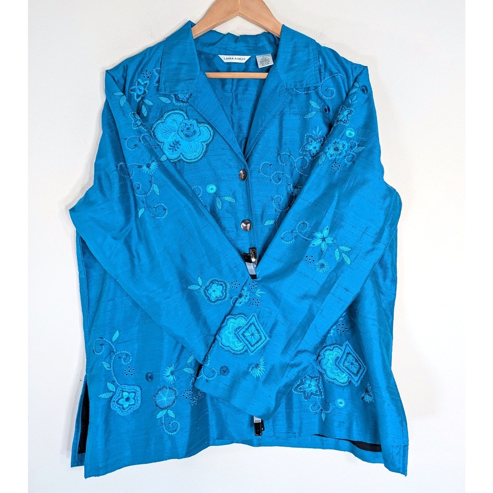 Laura Ashley Blue Silk Jacket; Embroidered Floral Beaded Raw Silk Blazer